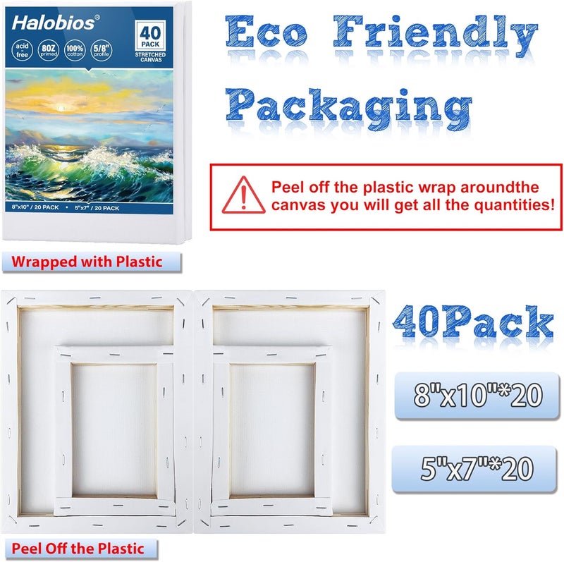 Halobios Blank Canvas for Painting, Bulk Pack of 40-8x10 inches, 5x7inch(20 of Each), 100% Cotton, Primed, 5/8 Inch Profile of Super Value Canvas Pack for Acrylics, Oils & Other Painting Media - Image 2